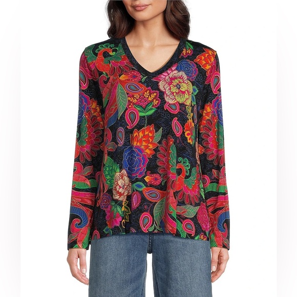 JOHNNY WAS Janie Favorite Exotic Floral V-Neck Long Sleeve Shirt Size S - Picture 1 of 7